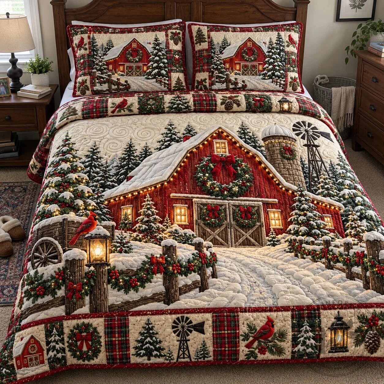 Christmas Farmhouse Barn Winter Wonderland Quilted Bedding Set 5 Christmas Farmhouse Barn Winter Wonderland Quilted Bedding Set