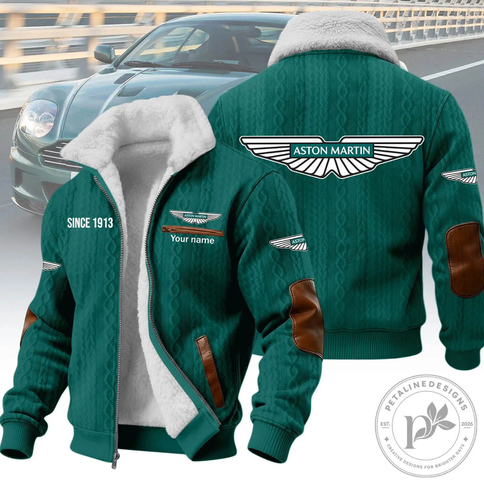 Aston Martin Since 1913 Personalized Green Cable Knit Winter Fleece Jacket