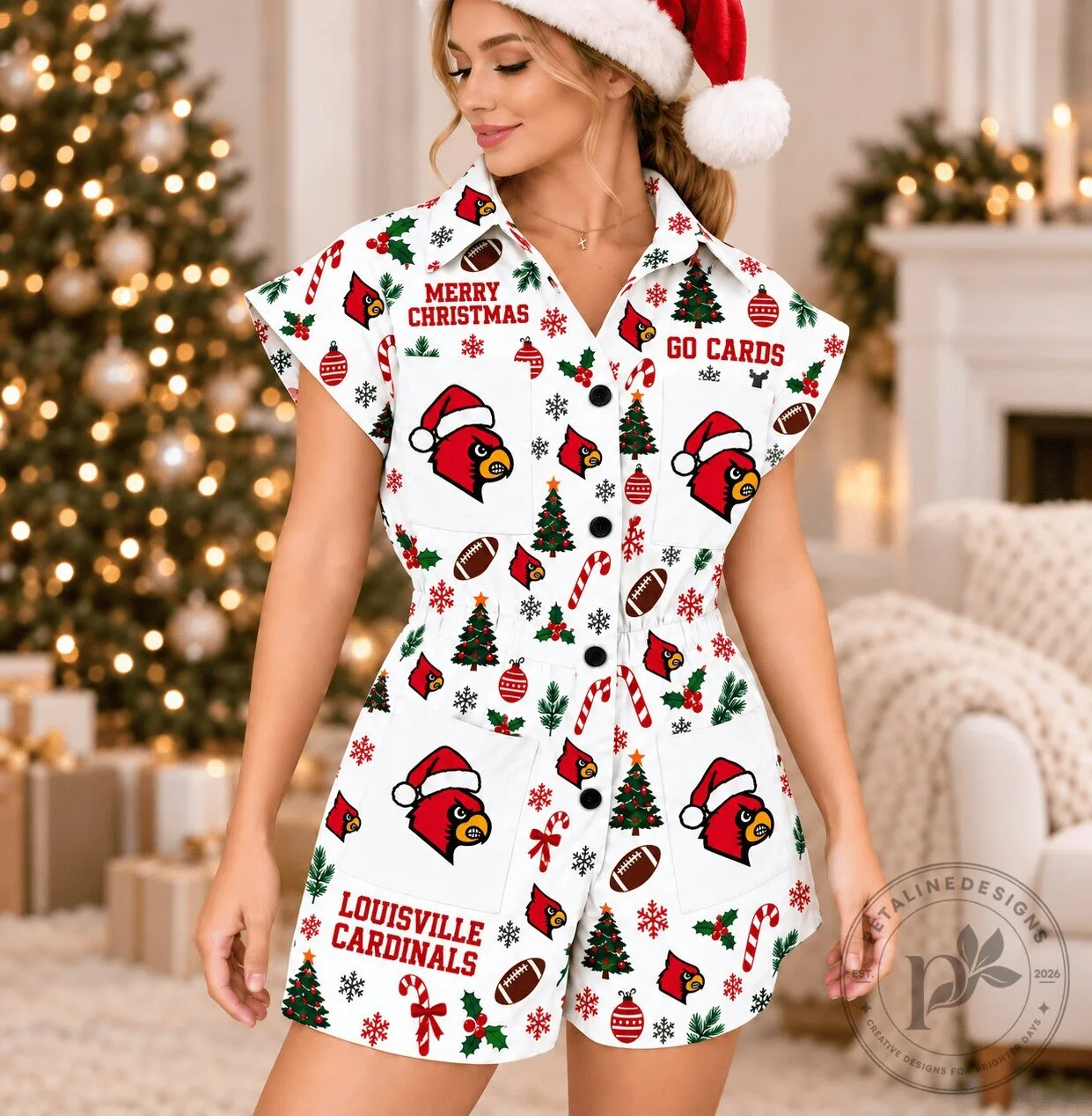 Louisville Cardinals Christmas Pattern Women's Button-Up Romper 3 Louisville Cardinals Christmas Pattern Women
