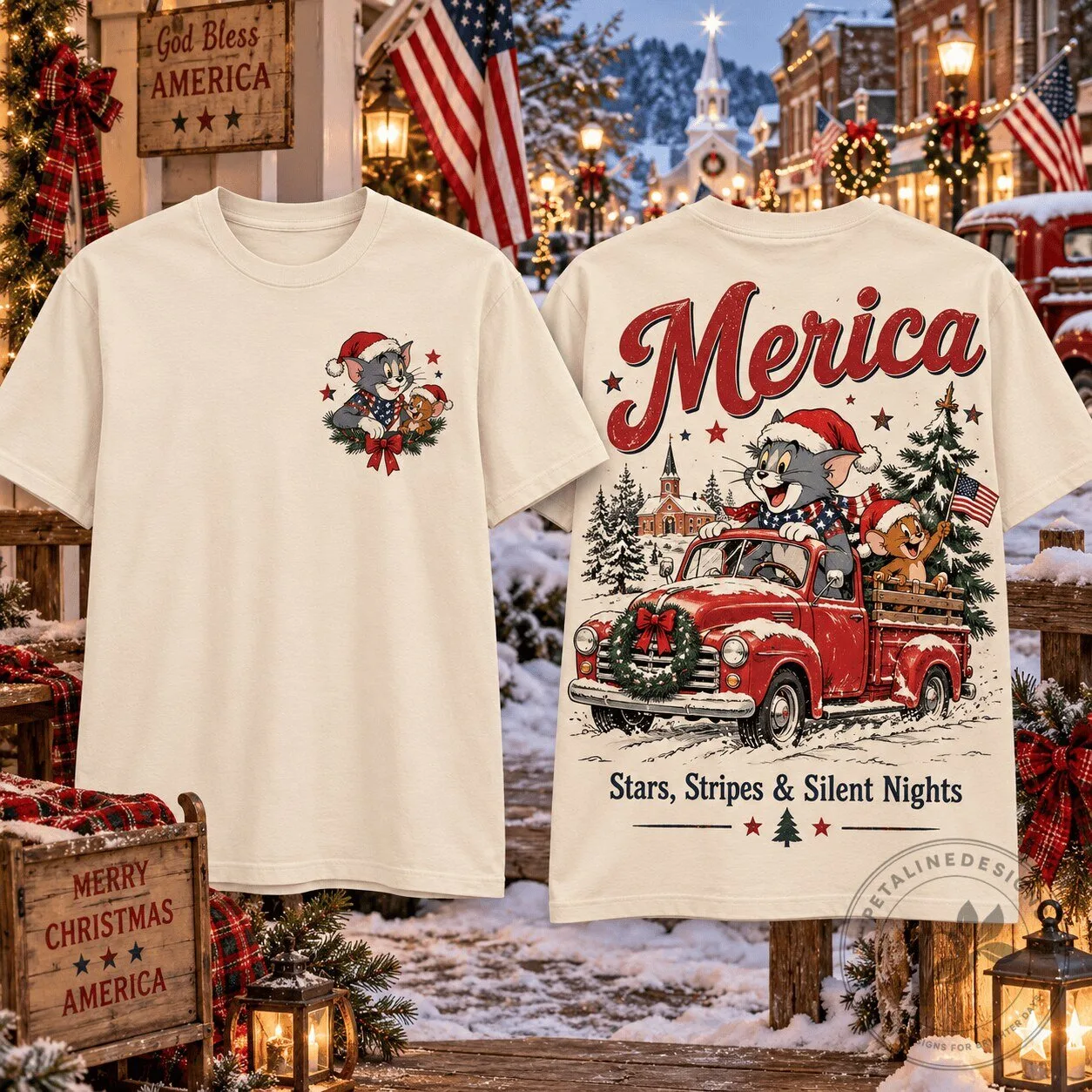 Tom and Jerry Merica Stars Stripes and Silent Nights Christmas Holiday T-Shirt
