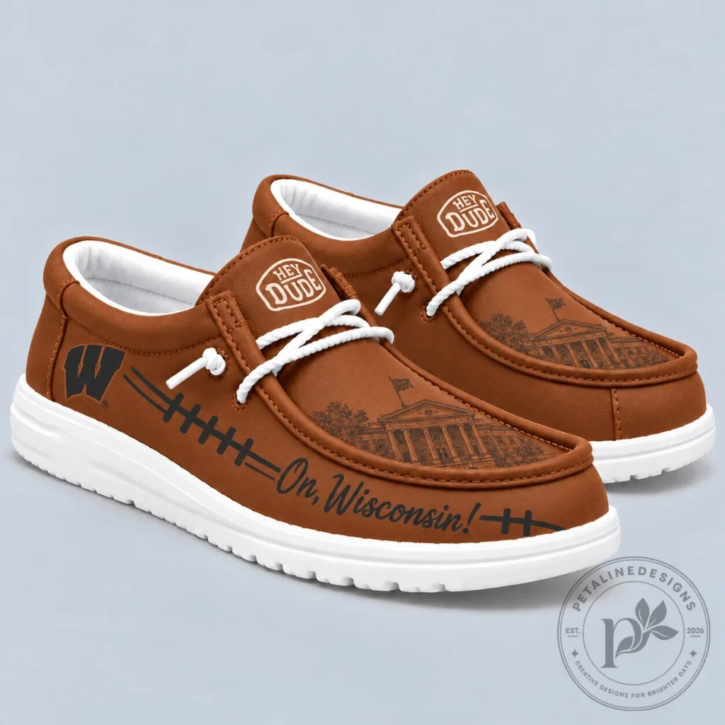 Wisconsin Badgers Hey Dude Style Brown Leather Look Slip-On Loafers Shoes Wisconsin Badgers Hey Dude Style Brown Leather Look Slip-On Loafers Shoes