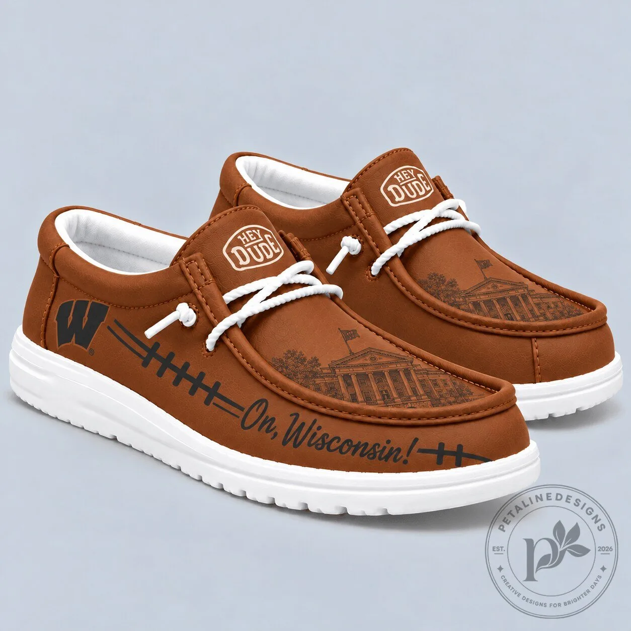 Wisconsin Badgers Hey Dude Style Brown Leather Look Slip-On Loafers Shoes