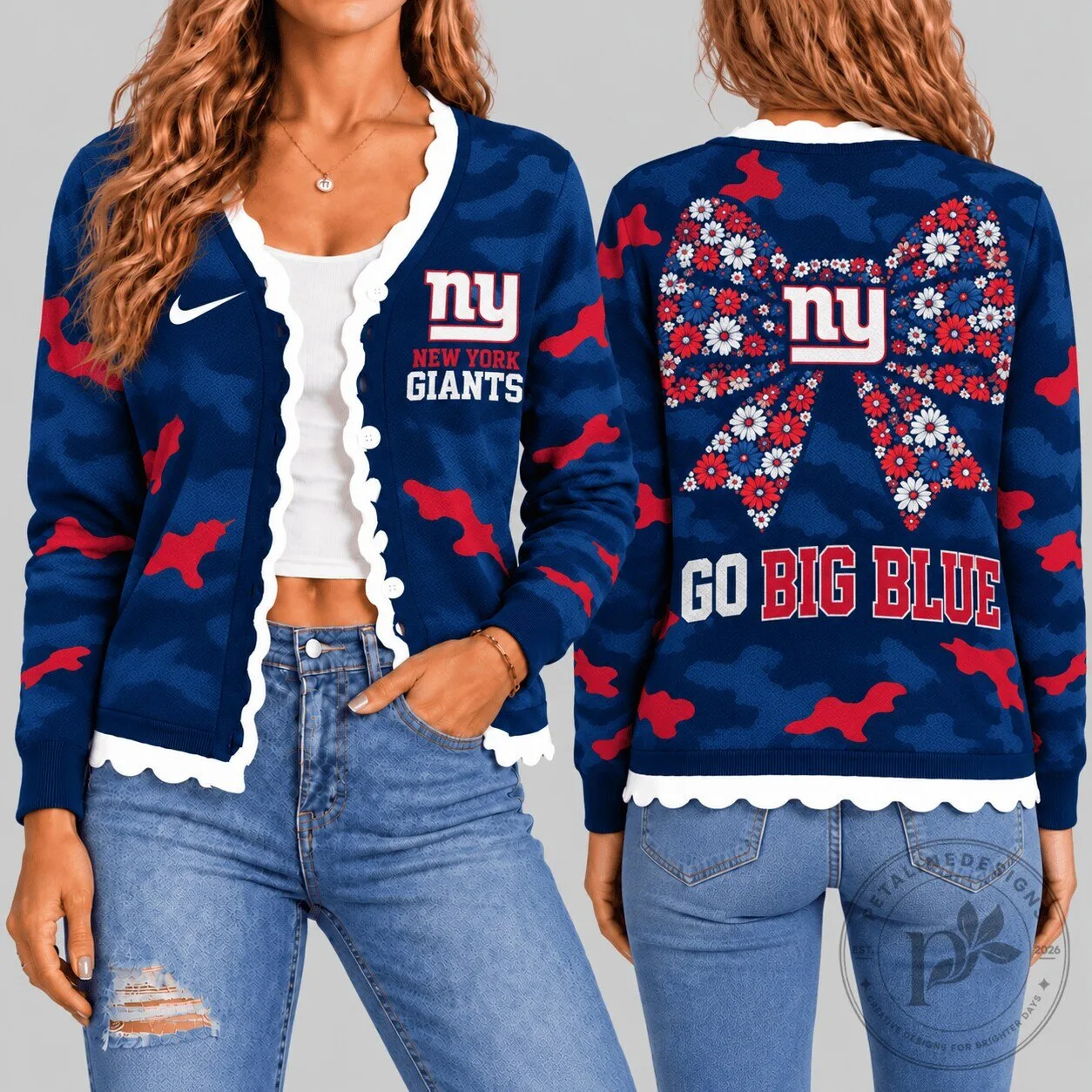 New York Giants Women's Floral Bow Camouflage Knit Cardigan Sweater