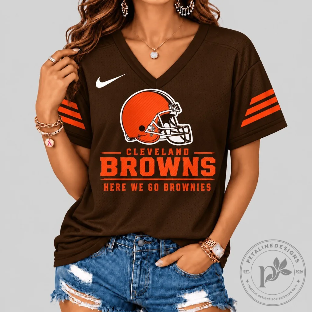 Cleveland Browns Here We Go Brownies Football Team Logo V-Neck T-Shirt Cleveland Browns Here We Go Brownies Football Team Logo V-Neck T-Shirt