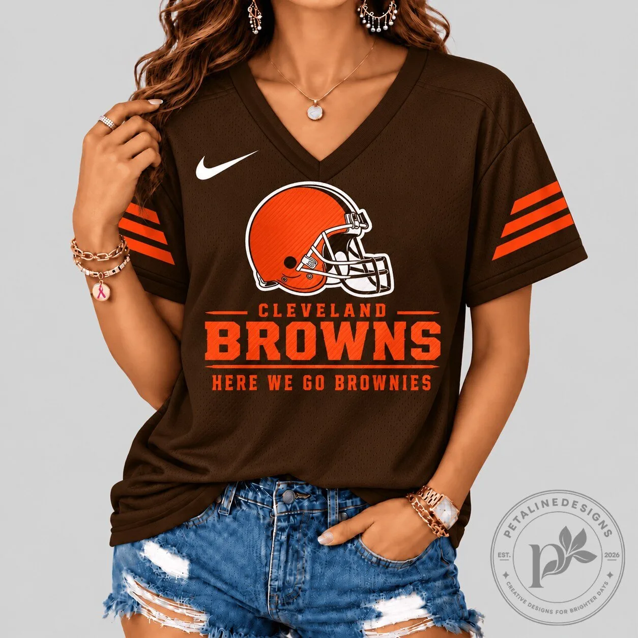 Cleveland Browns Here We Go Brownies Football Team Logo V-Neck T-Shirt 1 Cleveland Browns Here We Go Brownies Football Team Logo V-Neck T-Shirt