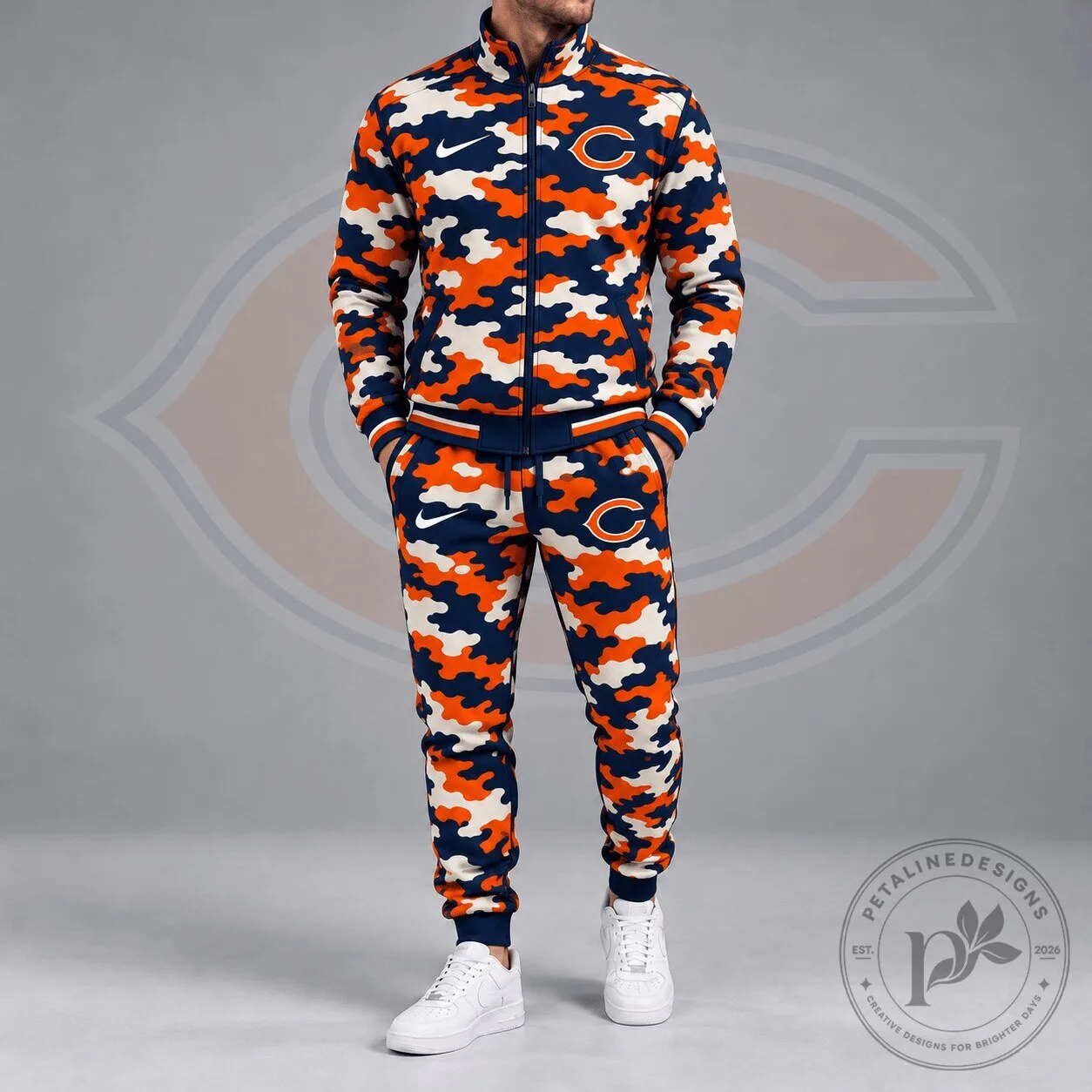 Chicago Bears Camouflage Print Full Zip Track Jacket and Jogger Pants Set 1 Chicago Bears Camouflage Print Full Zip Track Jacket and Jogger Pants Set