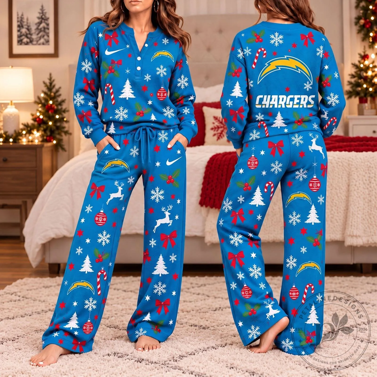 Los Angeles Chargers NFL Christmas Game Day Pajamas Set for Women