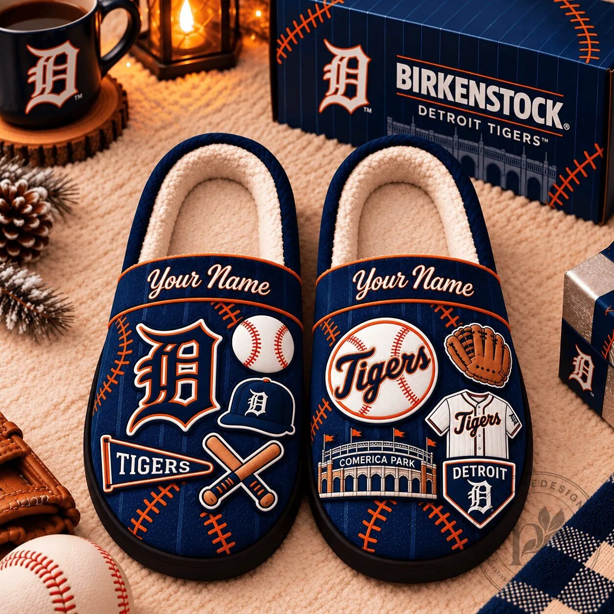 Detroit Tigers Baseball Personalized Name Embroidered House Slippers