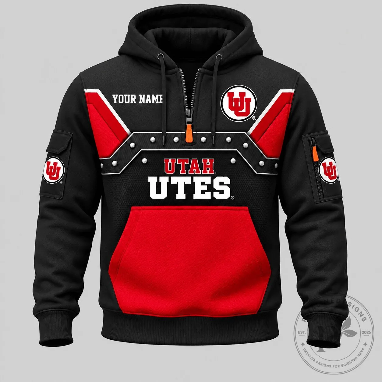 Utah Utes Personalized Half Zip Hoodie with Utility Panel and Pockets 1 Utah Utes Personalized Half Zip Hoodie with Utility Panel and Pockets