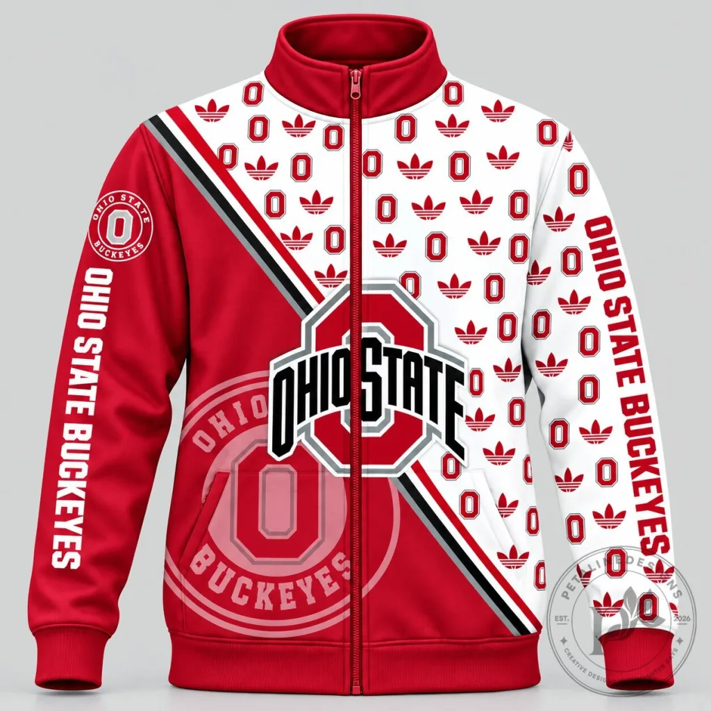 Ohio State Buckeyes NCAA Diagonal Split Logo Pattern Full-Zip Jacket Ohio State Buckeyes NCAA Diagonal Split Logo Pattern Full-Zip Jacket