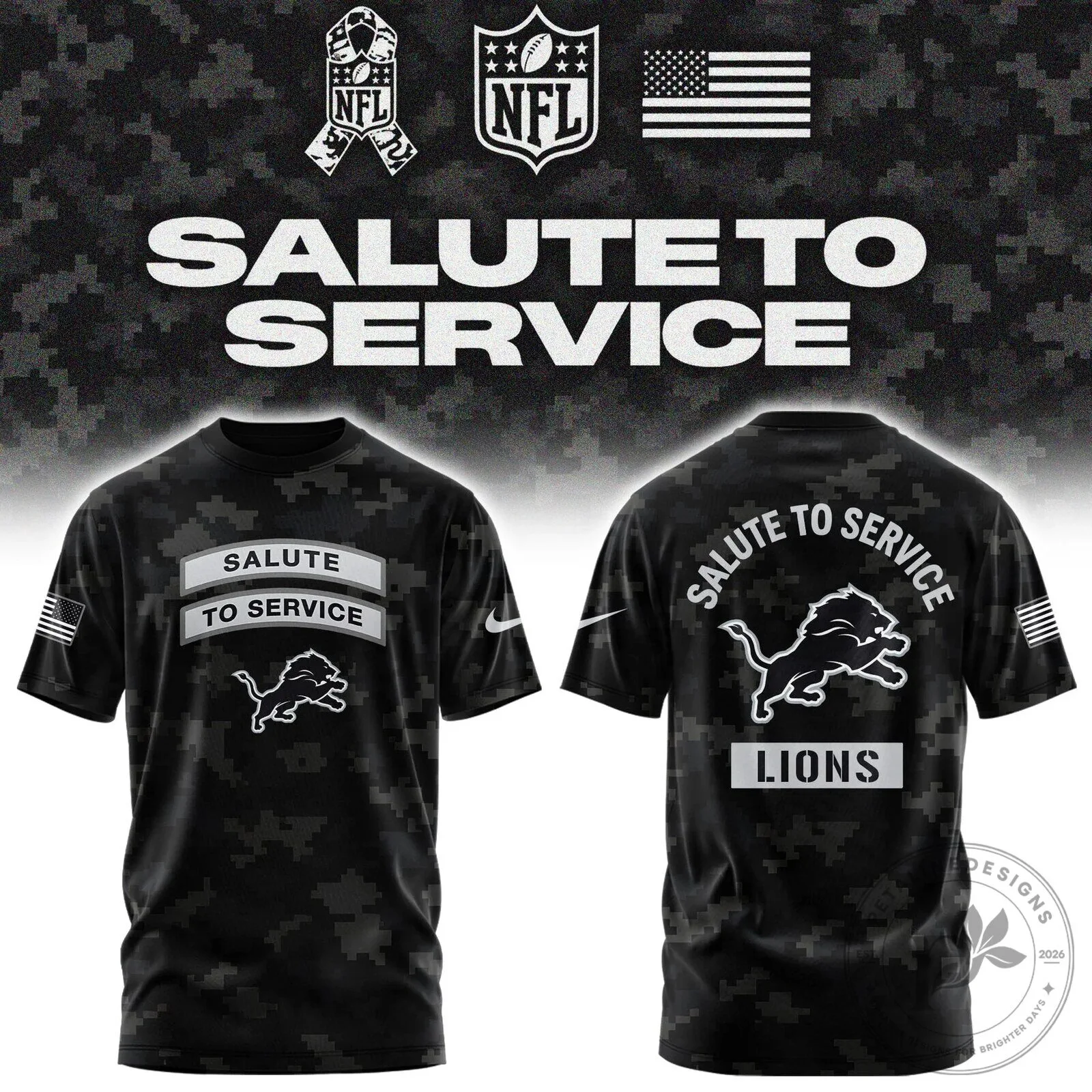 Detroit Lions Salute To Service Digital Camouflage Military Style T-Shirt