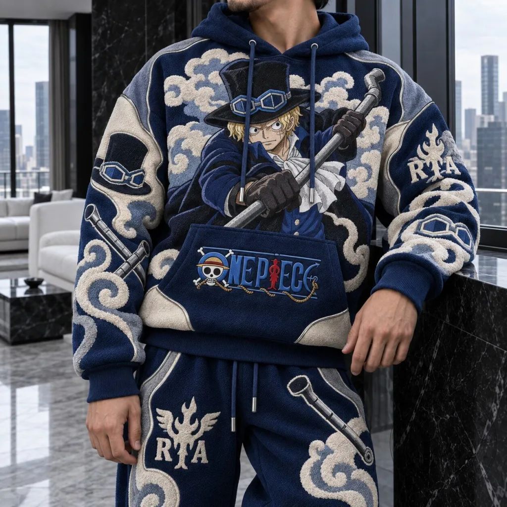 One Piece Sabo Anime Character Embroidered Blue Hoodie One Piece Sabo Anime Character Embroidered Blue Hoodie
