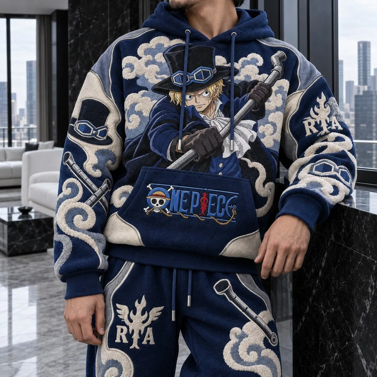 One Piece Sabo Anime Character Embroidered Blue Hoodie