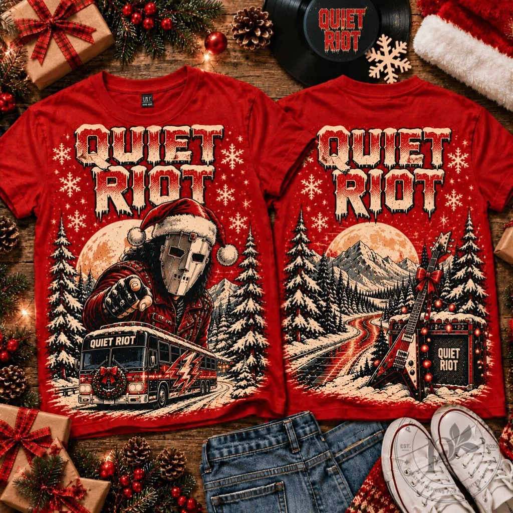 Quiet Riot Heavy Metal Christmas Holiday Collage Graphic T-Shirt Quiet Riot Heavy Metal Christmas Holiday Collage Graphic T-Shirt