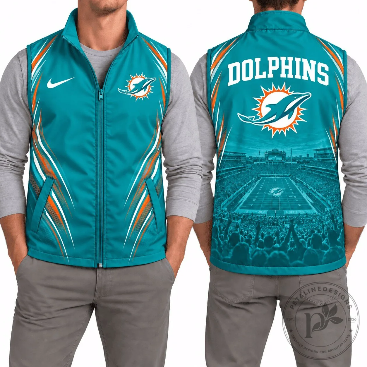Miami Dolphins Football Team Logo Sleeveless Zip Vest for Men